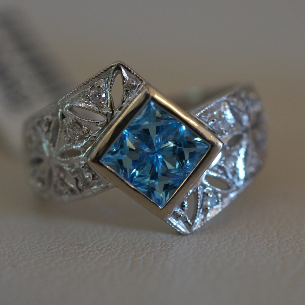14KW Gold Genuine Blue Topaz & Diamond Ring.